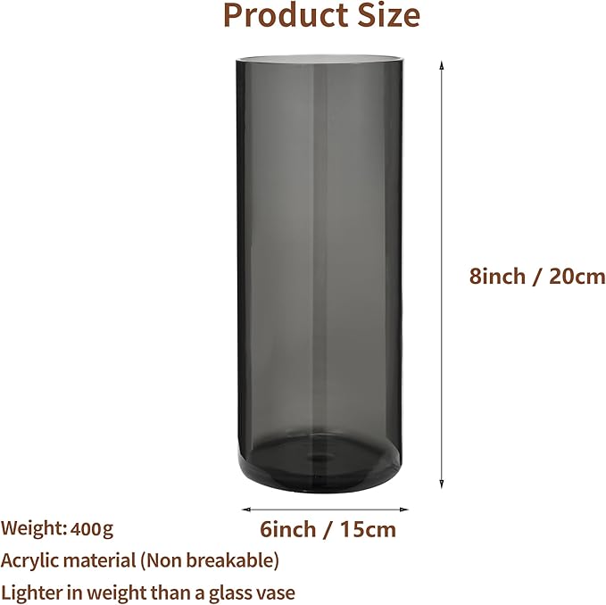Flower Vase, Non-breakable Vases, 6" W x 8" H, Acrylic Grey Vase, Aesthetic Room Decor Cylindrical Modern Flower Vases for Table Centerpiece, Home Decor, Women Floral Arrangement Gift