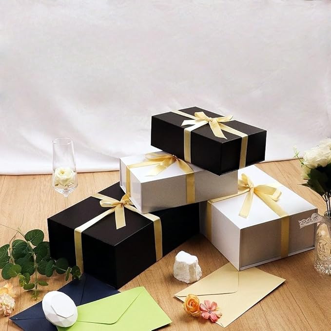 UoeRing 1 Pcs White Gift Box,9.5x6x3 Magnetic Gift Box for Presents with Lids Rectangle Collapsible for Bridesmaid Proposal Box,Wedding,Christmas,Birthday Gift Packging with Ribbon Card Envelope