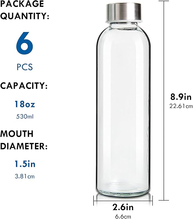 YEBODA Glass Water Bottles 18oz Bottles For Beverage and Juicer Use Stainless Steel Caps - Including Colorful Nylon Protection Sleeve,Pack Of 6