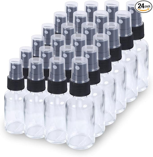 2oz Glass Spray Bottle, Fine Mist Boston Glass Bottles with Black Fine Mist Sprayer Small Clear Bottles for Essential Oils, Bath, Beauty, Hair & Cleaning, Clear, Pack of 24