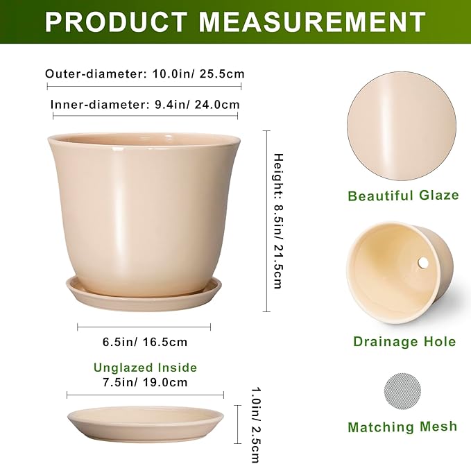 Ceramic Planter - 10 Inch Plant Pot for Indoor Outdoor, Round Flower Pots with Drainage Hole and Saucer, Large Plant Pot, Modern Planters, Home Office Room Decor, Gardening Gifts, Beige