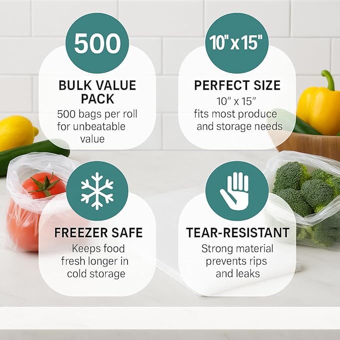 Plastic Produce Bags on Rolls – 1000 Count (2 Rolls), 10 x 15 in, Clear Food Storage Bags with Easy Tear Red Line, for Fruits, Vegetables, Meat, Freezer, Grocery & Commercial Use-TOTA-BATOTA