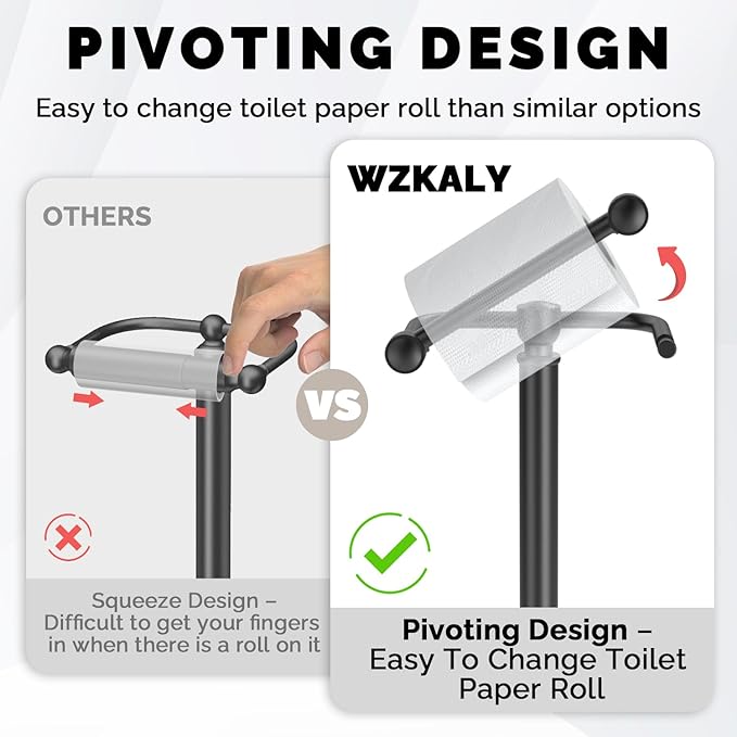 Black Toilet Paper Holder Stand, Matte Black Toilet Paper Holder Free Standing, Post Pivoting Design & Stable Weighted Base SUS304 Stainless Steel for Bathroom(Mega Roll)