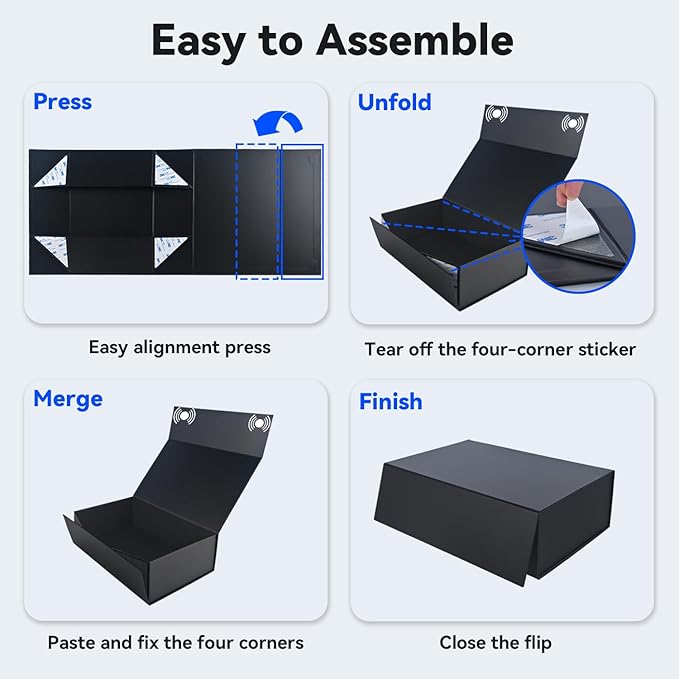 Brothersbox Black Gift Box 13.8"x9.1"x4.3" Large Gift Boxes for Presents with Magnetic Lid, Ribbon, Collapsible Boxes for Gift Packaging Mother's Day Christmas Birthday Wedding