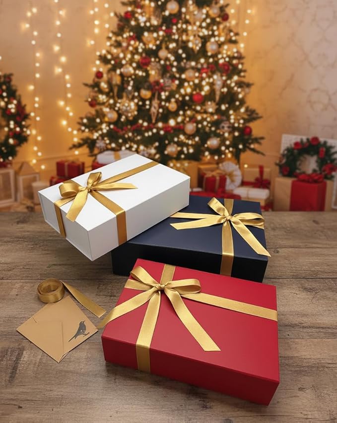 CECOBOX - Gift Boxes with Lids for Presents 13"x8.5"x4" - Matte, Collapsible Magnetic Closure Gift Box - Groomsmen & Bridesmaid Proposal Boxes, Wedding, PR, Birthdays, Holidays (Gold)