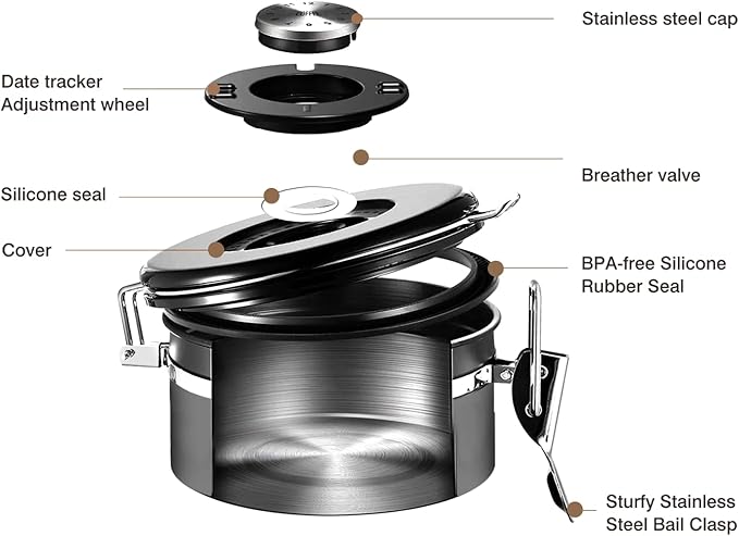 Coffee Canister, Airtight Coffee Container with Date Tracker Lid, Stainless Steel Canister for Kitchen Food Storage (Gary, 9oz)