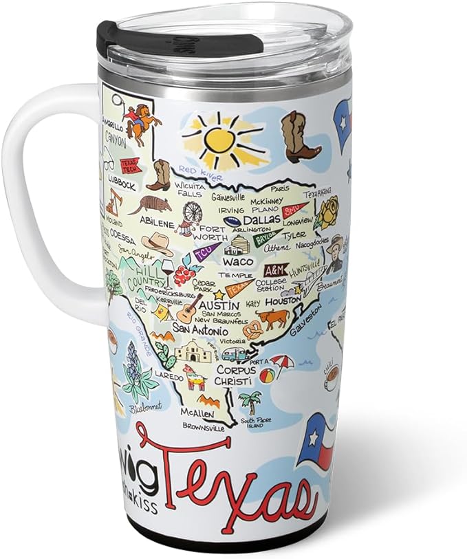 Swig Life 22oz Travel Mug, Insulated Tumbler with Handle and Lid, Travel Coffee Mug, Cup Holder Friendly, Stainless Steel 22 oz Tumbler, Reusable Insulated with Lid (Texas)