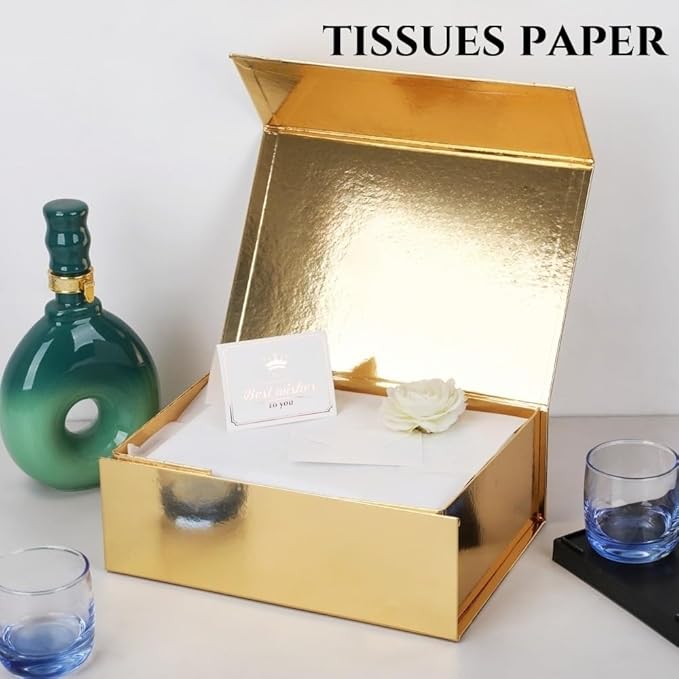 UoeRing 1 Pcs Gold Gift Box 9.5x6x3 inch Small Luxury Gift Box for Presents with Magnetic Lid Collapsible,Birthday,Christmas,Contains Card, Ribbon, Tissue Paper,Shredded Paper Fille