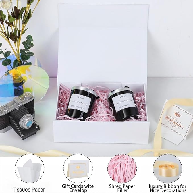 UoeRing 1 Pcs White Gift Box 9.5x6x3 inch Small Luxury Gift Box for Presents with Magnetic Lid Collapsible,Birthday,Christmas,Contains Card, Ribbon, Tissue Paper,Shredded Paper Fille