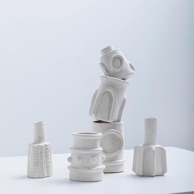 Serax Flower Vase | Marie by Marie Michielssen | Set of 6 | White Stoneware Home Decor Living Room for Coffee Table or Kitchen | Modern Entryway Table Decor or for Shelves | Unique Centerpiece Vases