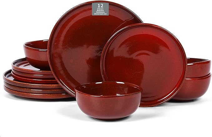 Vicrays Ceramic 12 Pieces Dinnerware Set - Dinner Plates Salad Plates Cereal Bowls Set Service for 4 - Scratch Resistant Microwave Oven Dishwasher Safe - Cherry Red