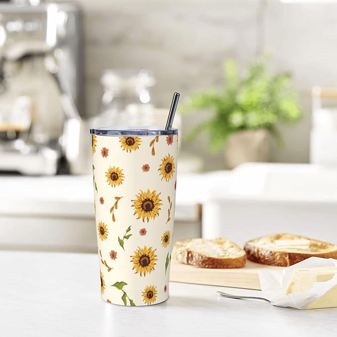 Sunflowers Tumbler,Flowers 20oz Stainless Steel Insulated Travel Tumblers,Travel Coffee Mug with Lid and Straw Water Bottle Drink Tumbler Cups Gifts for Women Men Lovers