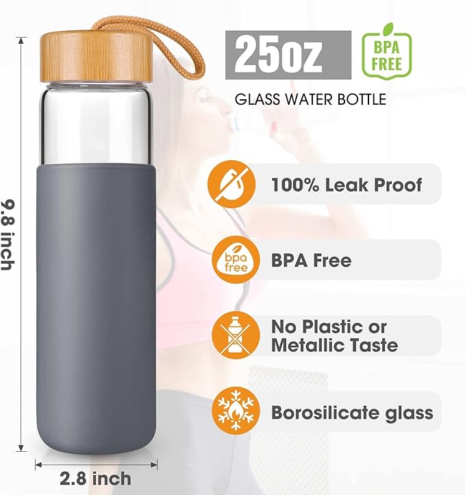 25 Oz Borosilicate Glass Water Bottles with Silicone Sleeve BPA Free, Dishwasher Safe - Reusable Clear Glass Drinking with Leak Proof Bamboo Lid | Perfect Gym Water Bottles for Men & Women