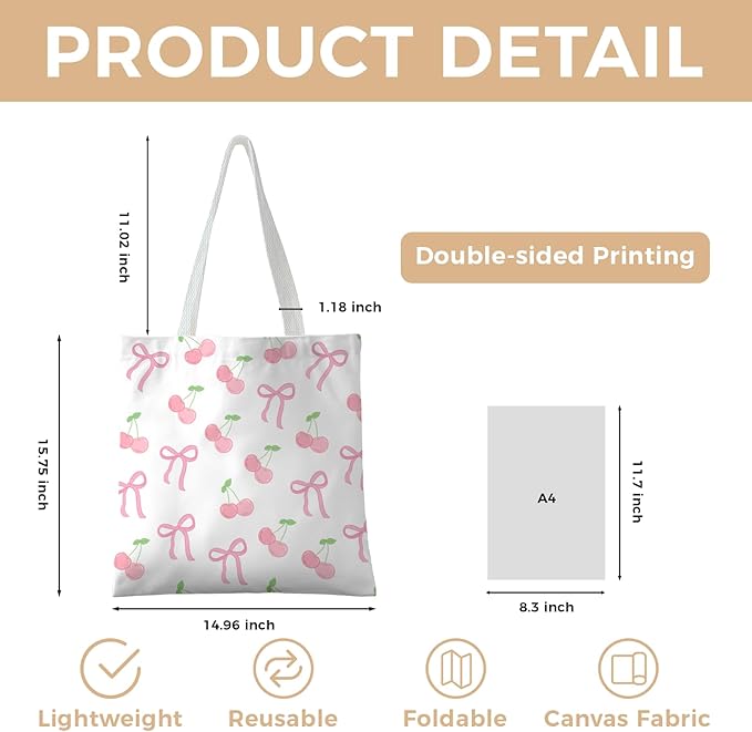 Cute Aesthetic Canvas Tote Bag for Women, Reusable Foldable Shopping Cotton Shoulder Totebag with Zipper Pocket
