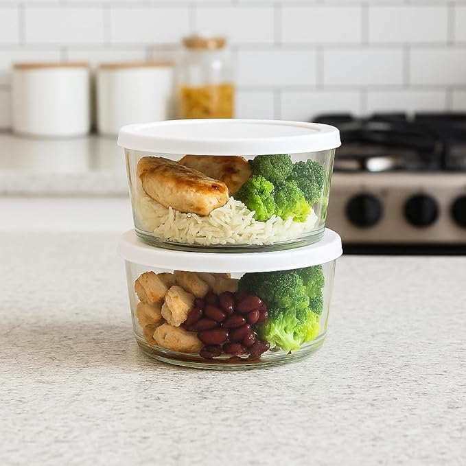 4-Piece Glass Food Storage Containers Set (2 Containers + 2 BPA-Free Lids) | 6.5-Cup, Leakproof | Microwave, Freezer, Oven & Dishwasher Safe | Ideal for Meal Prep & Pantry Organization, White