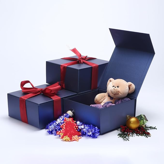 4 Pack 8x8x4 Inches Gift Boxes with Magnetic Closure Lids, Blue Magnetic Box for Wedding, Groomsmen Bridesmaid Proposal, Birthdays, Mother's Day