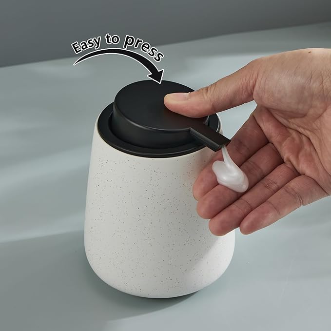 12Oz Ceramic Liquid Soap Dispenser - Modern Lotion Hand Soap Dispenser with Easy-to-Press Black Pump, Reusable and Refillable Dish Soap Dispensers for Bathroom & Kitchen, Speckled Matte White