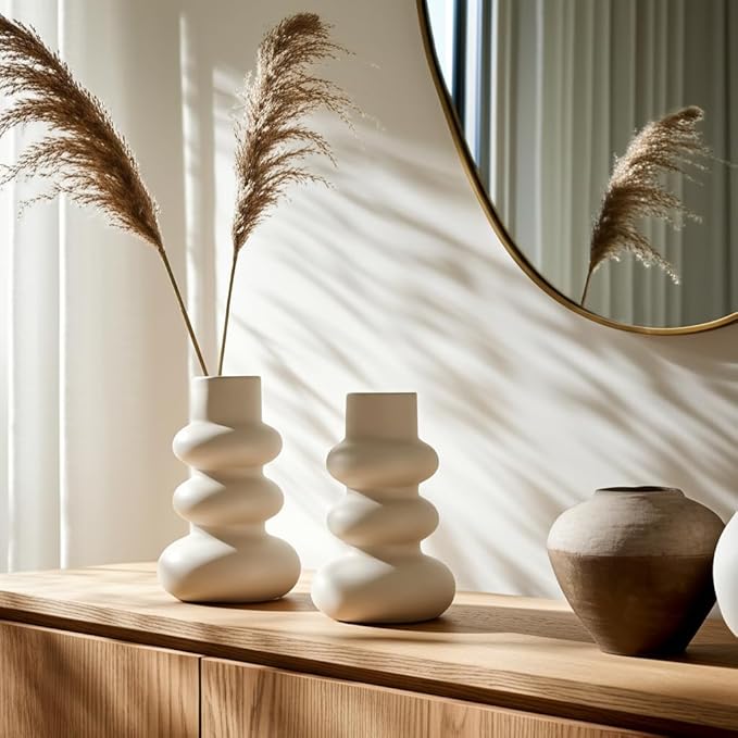 Sagebrook Home Stoneware Decorative Vase - Modern Sculptural Dolomite Flower Holder for Home & Office - 10" Ivory