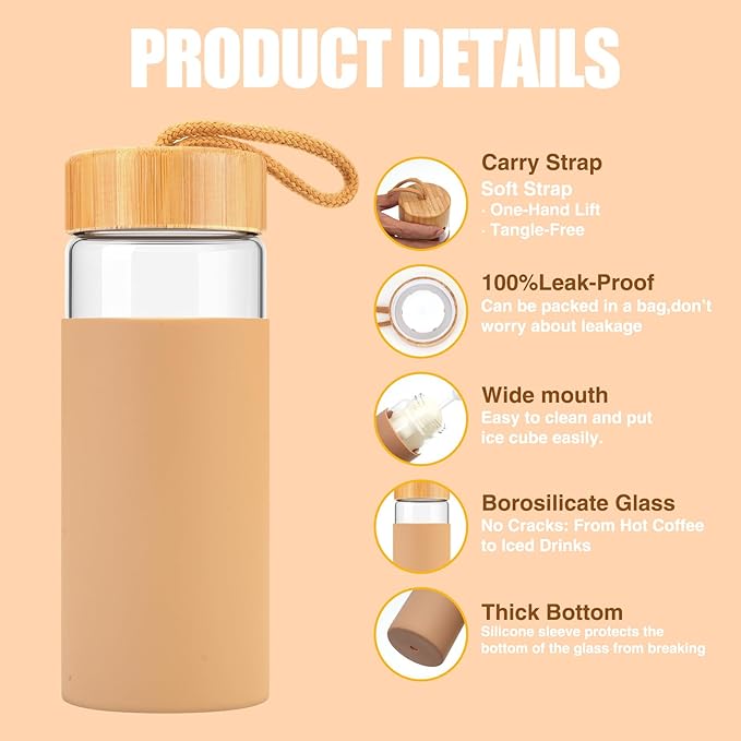 Tronco 20oz Glass Water Bottles with Bamboo Lid & Silicone Sleeve, Leak Proof, BPA Free, Reusable Borosilicate Glass Bottles for Juicing, Smoothies, Juice & Water, for Men & Women Gym, Office, Travel