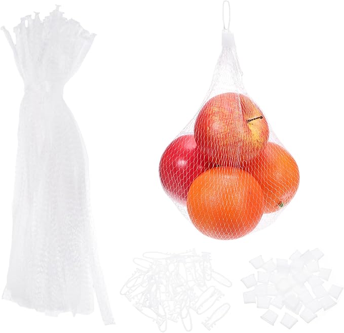 uxcell 100 Pcs Reusable Mesh Produce Bags, 30cm/12 Inch Washable Net Storage Bags Reusable Grocery Reusable Storage Bags with Plastic Buckle for Fresh Fruit Vegetables Seafood, White