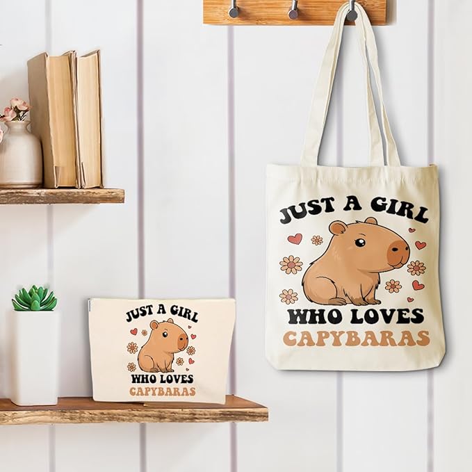 A Girl Loves Capybaras Capybara Gifts, Cute Capybara Stuff Accessories Canvas Tote Bag Makeup Cosmetic Bag Beach Bags for Women Girls Teacher Sister Birthday Weekender Graduation Christmas Easter