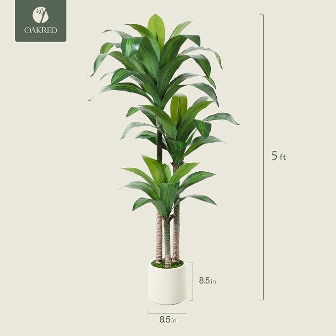 Artificial Dracaena Tree 5ft, Tall Fake Dracaena Plants with White Planter, Faux Dragon Tree Indoor Floor Plant for Home Decor Office Living Room Porch Housewarming, 1Pcs