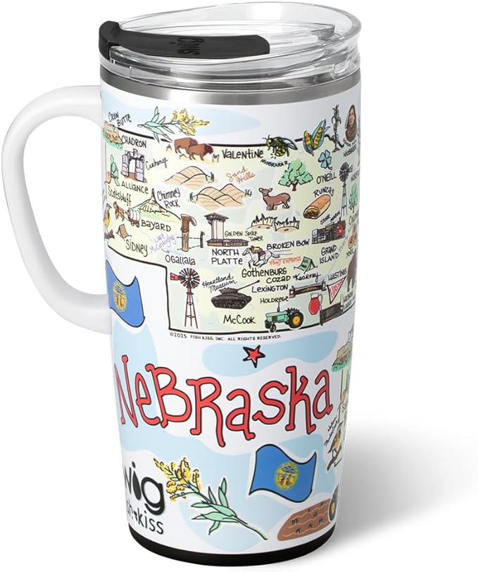 Swig Life 22oz Travel Mug, Insulated Tumbler with Handle and Lid, Travel Coffee Mug, Cup Holder Friendly, Stainless Steel 22 oz Tumbler, Reusable Insulated with Lid (Nebraska)