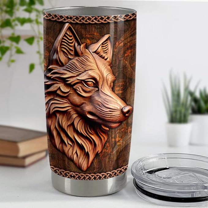 SANDJEST Wolf Tumbler 20oz Wolf Wood Drawing Stainless Steel Insulated Tumblers Coffee Travel Mug Cup Wolf Gift for Men Boys Gifts for Birthday Christmas