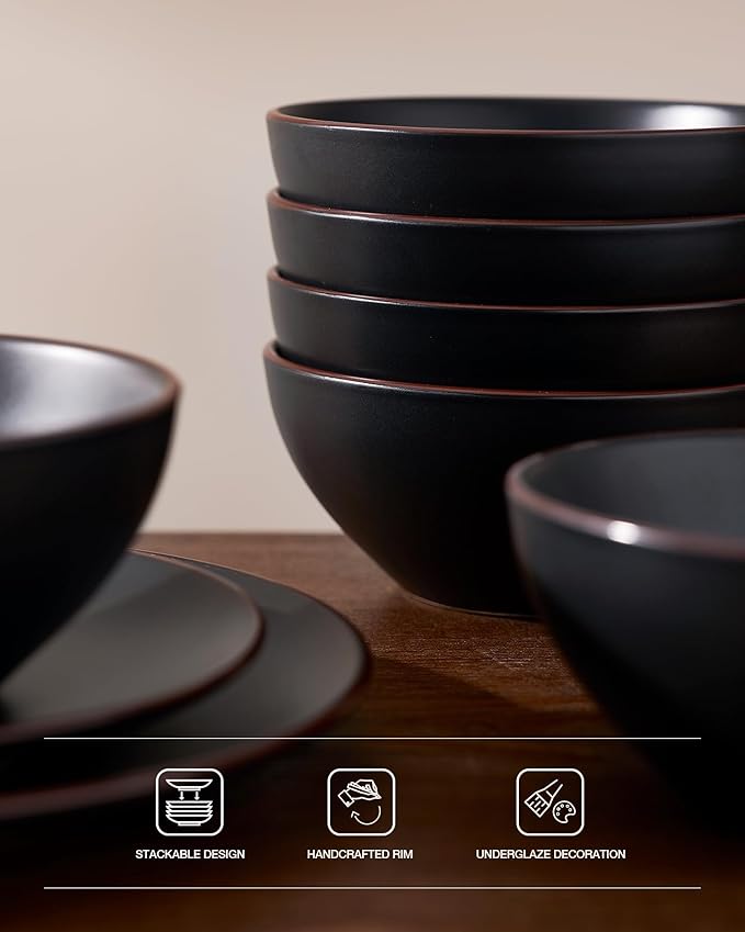 Famiware Venus Ceramic Plates and Bowls Sets, Dinnerware Dish Sets for 8 (24 Pieces) - Microwave and Dishwasher Safe, Matte Black