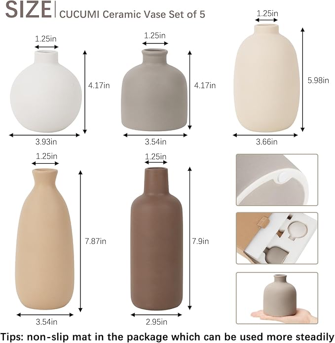 Modern Ceramic Vase Set of 5, Vases Home Decor Rustic Farmhouse Decorative Vase Pottery Vases for Bouquet Pampas Grass Dried Fresh Flowers, Table Living Room Kitchen Bedroom