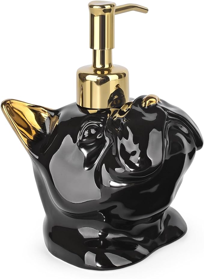 French Bulldog Shaped Soap/Lotion/Hand Sanitizer Bulldog Ceramic Stainless Steel Pump Dispenser Gifts for Lover, Refillable for Kitchen and Bathroom(Gold/Black)