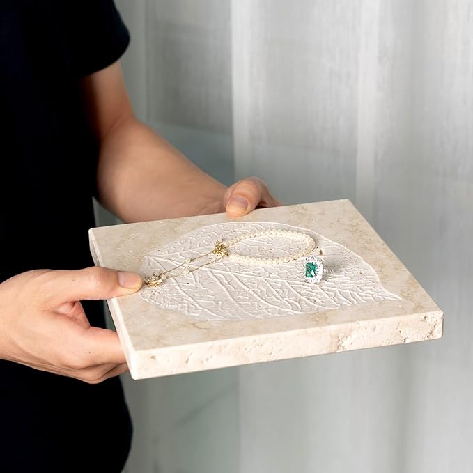 Marble Leaf Embossed Tray, Natural Golden Travertine Vanity Decorative Marble Tray for Bathroom, Jewelry, Kitchen and Desktop, Decorative Stone Pallet for Cosmetics, Perfume and Home Decor