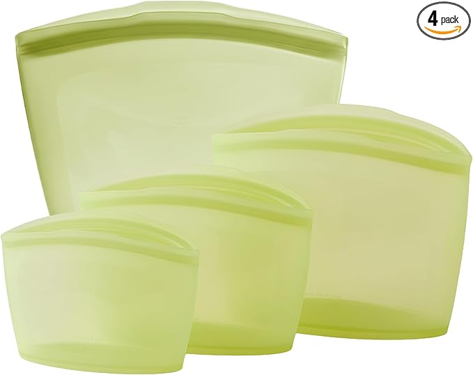 Blue Ginkgo Reusable Silicone Storage Bags – 4-Pack | Korean-Made Stand Up Food, Freezer Bags - Olive Green