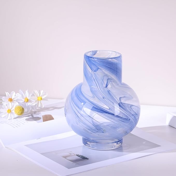 Blue Hand Blown Glass Wide Mouth vase for Home Decoration Short Round Glass vase for Living Room, Dining Table, Bookcase, TV Cabinet, Bookshelf and Office Desktop Decoration.