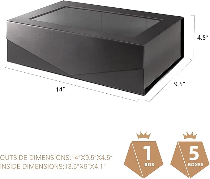 PACKQUEEN Large Black Gift Box with Window, 13.5x9x4.1 Inches Clear Gift Box for Present Contains Ribbon, Card, Groomsman Proposal Box with Magnetic Lid (Glossy Black)
