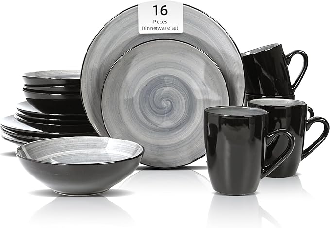 Sonoma Stoneware Dinnerware Set, Outside Black + Inside Hand Painting Color (16pc Set, Grey)