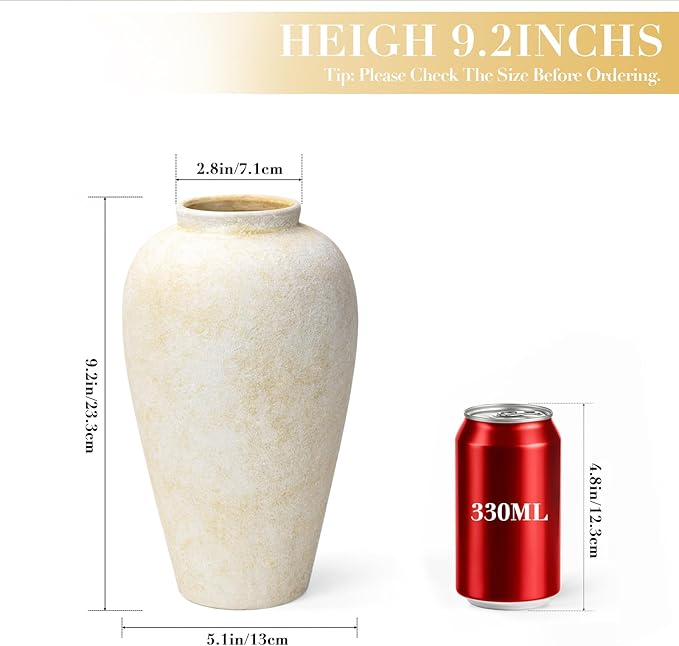 Ceramic Flower Vase Home Decor - 9.2 inch Large Farmhouse Table Vases, Rustic Decorative Vases for Kitchen Living Room Coffee Dining ShelfMantel Decoration