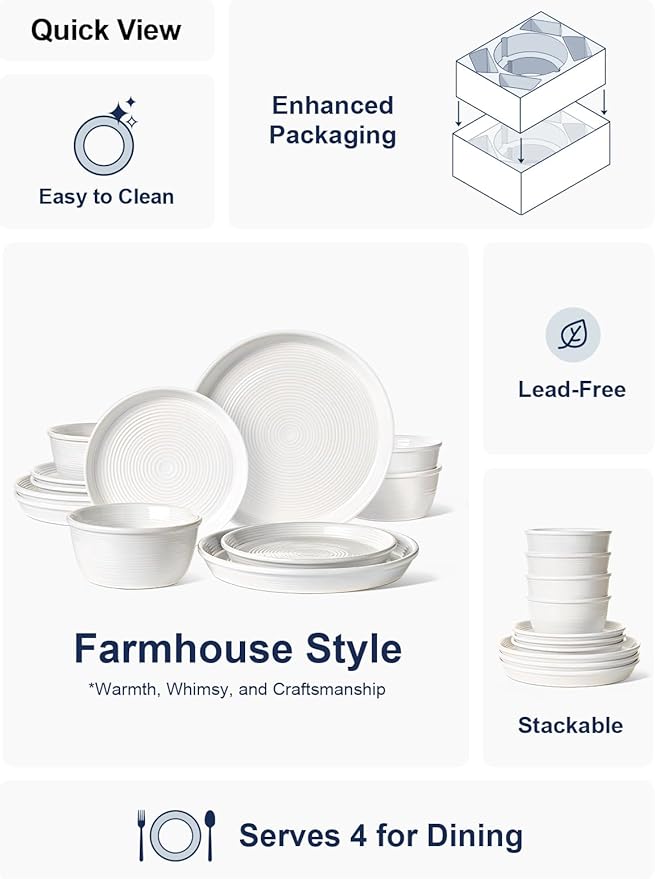 LE TAUCI Dishes Set for 4, Stoneware Plates and Bowls Set, Farmhouse Ceramic Dinnerware Set, Microwave & Dishwasher Safe, Stackable,12-Piece (10" Dinner+8" Salad Plates+6" Bowls), White