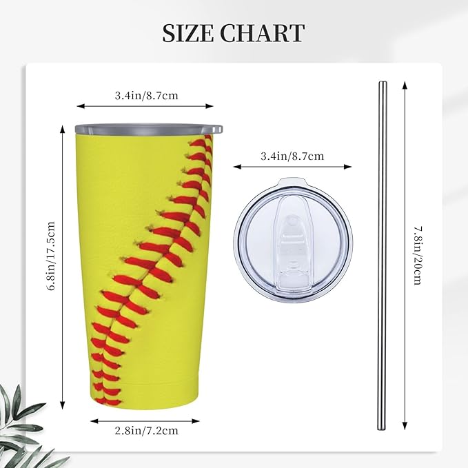 Softball Tumbler,Balls 20oz Stainless Steel Insulated Travel Tumblers,Travel Coffee Mug with Lid and Straw Water Bottle Drink Tumbler Cups Gifts for Women Men Lovers