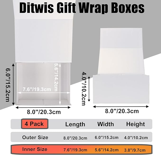 Ditwis 4 Pack 8x6x4 Inches Gift Boxes with Magnetic Closure Lids, White Magnetic Box for Wedding, Groomsmen Bridesmaid Proposal, Birthdays, Mother's Day
