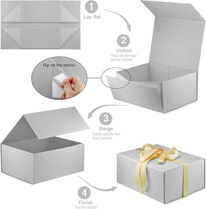 MOYEUPAC Silver Gift Box,9" X 7" X 4" with Lids for Presents Magnetic Closure Gift Packaging for Christmas, Halloween, Birthday and Various Holidays