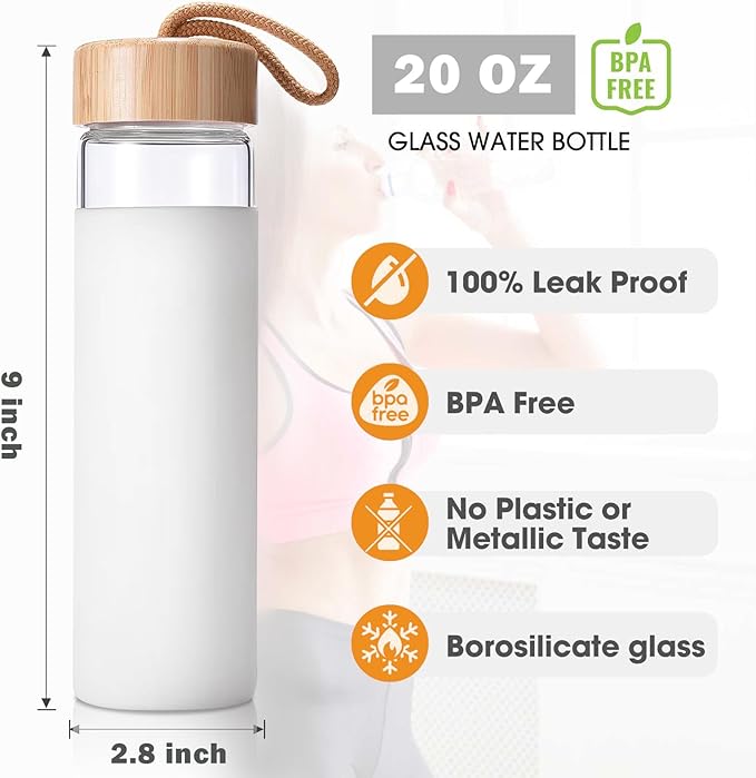 20 Oz Borosilicate Glass Water Bottles with Silicone Sleeve BPA Free, Dishwasher Safe - Reusable Clear Glass Drinking with Leak Proof Bamboo Lid | Perfect Gym Water Bottles for Men & Women