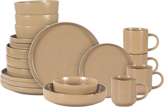 HomeVSS 20-Piece Dinnerware Set - Serves 4, Matte Beige Glaze plates and bowls sets with Speckle Effect for Microwave & Dishwasher Safe