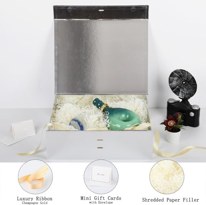 BoxSkivra Large Silver Gift Box with Ribbon 1 Pack 16.5X13X5.3 Inch Extra Large Gift Box with Lid Magnetic Closure Rectangle Collapsible Luxury Boxes for Wedding Dress、Shredded Paper Filler & Card