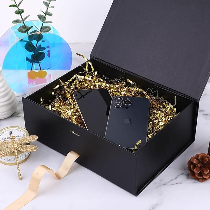 Black Gift Boxes with Lids 10x7.3x3.5 Inches, Decorative Gift Boxes with Ribbons, Black Boxes with Lid Magnetic Closure, Groomsman Boxes (Matte Black)