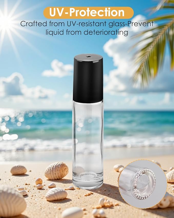 4 Pack Essential Oil Roller Bottles, 10ml Refillable Clear Glass Roller Bottles with Stainless Steel Roller Balls and Caps for Travel, Perfume and Lip Gloss