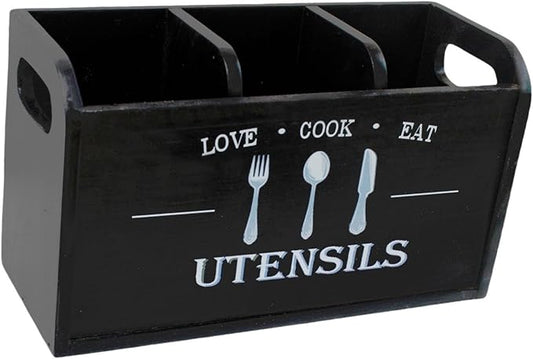 Fenteer Kitchen Utensil Holder Storage Crock Vintage Accessories Wooden Utensil Organizer Cutlery Box for Counter Hotels Restaurants, Black