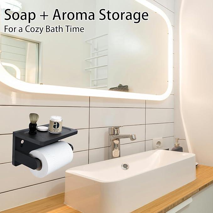 Drill-Free Toilet Paper Holder with Phone Shelf Bamboo Wall-Mounted, No-Drill & Drillable, Bathroom Storage Organizer, Space Saver Tissue Roll Rack for Bathroom, Kitchen, Home Decor (Black)