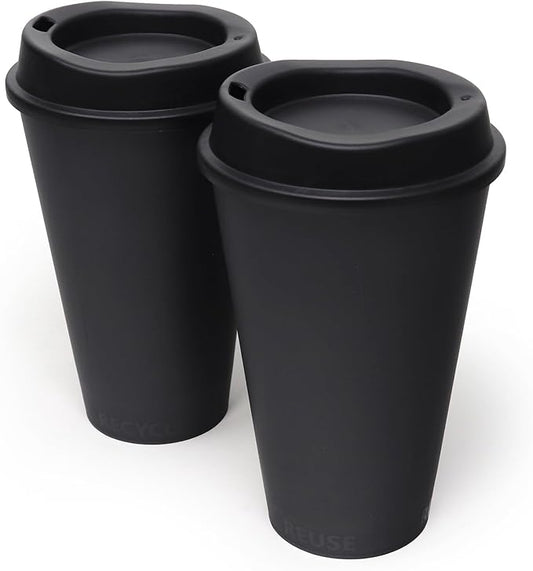 Rolling Sands USA Made 16 oz Reusable Coffee Cups with Lids 2 Pk, To Go Travel Cups, Hot or Cold Drinks, Dishwasher and Microwave Safe, Black