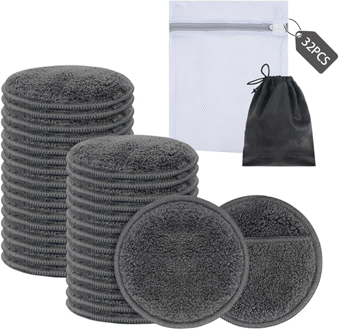 SUNLAND Reusable Makeup Remover Pads for Face,Eye,Lips 32 Pack Microfiber Face Cleansing Gloves Washable with Laundry Bag and Travel Bag Rounds Toner Pads（Round 3.15inchx32,Dark Grey）